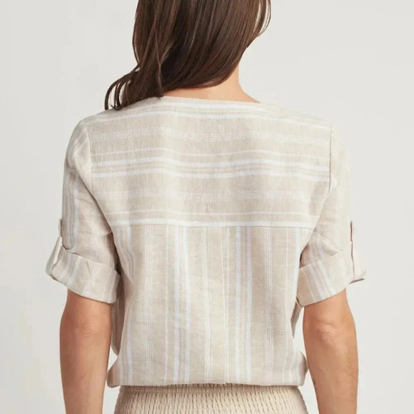 100% LINEN Ellen Tracy Striped Coastal Grandma Neutral Long Tunic Top Size S - Picture 3 of 14